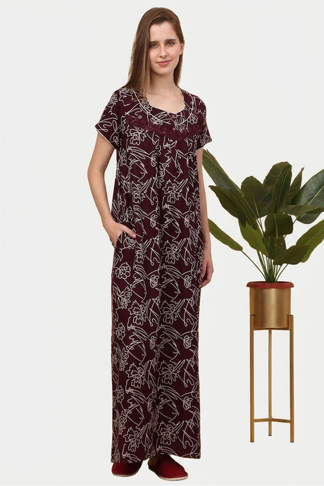 Sweet Dreams Printed Full Length Nightdress - Maroon — image 3