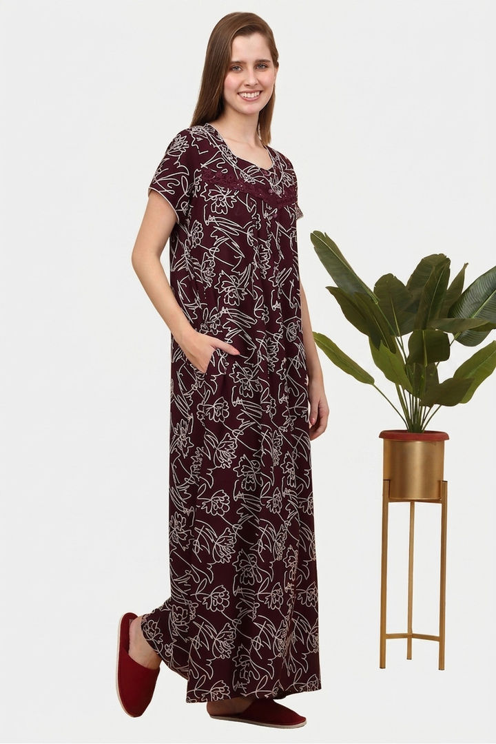 Sweet Dreams Printed Full Length Nightdress - Maroon — image 5