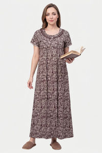 Sweet Dreams Abstract Printed Full Length Nightdress - Brown — thumbnail 3