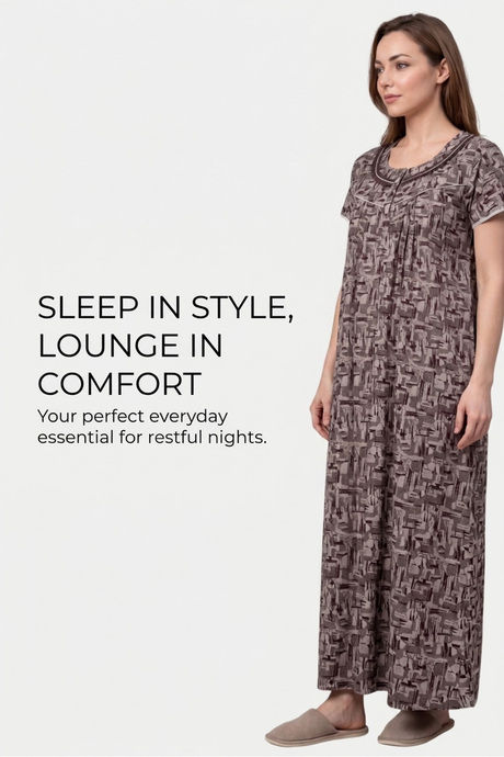 Sweet Dreams Abstract Printed Full Length Nightdress - Brown — image 6