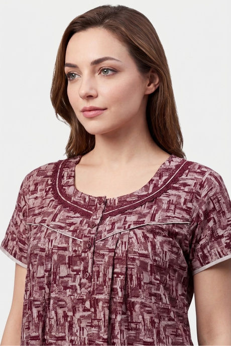 Sweet Dreams Abstract Printed Full Length Nightdress - Maroon — image 4