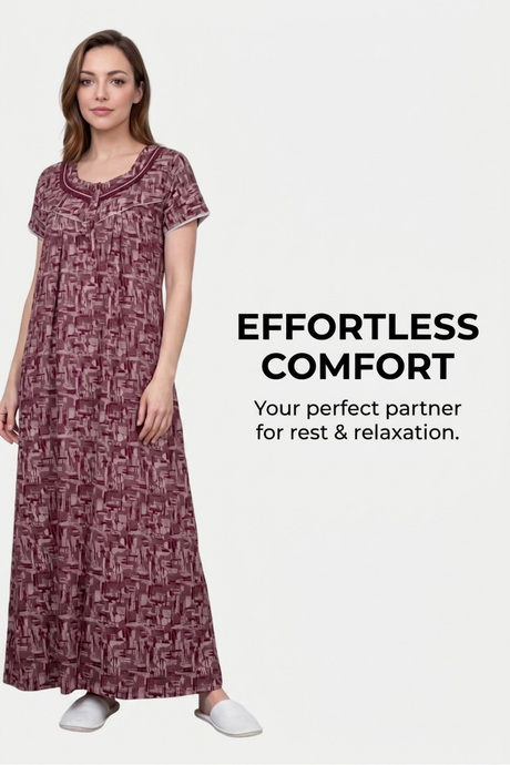Sweet Dreams Abstract Printed Full Length Nightdress - Maroon — image 5