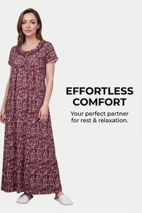 Sweet Dreams Abstract Printed Full Length Nightdress - Maroon — thumbnail 5