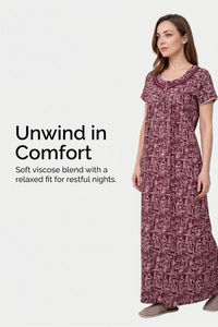 Sweet Dreams Abstract Printed Full Length Nightdress - Maroon — thumbnail 6