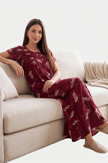 Sweet Dreams Printed Full Length Nightdress - Maroon — image 3