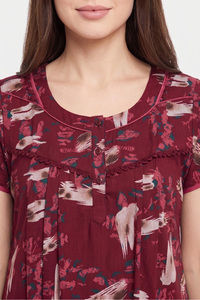 Sweet Dreams Printed Full Length Nightdress - Maroon — thumbnail 4