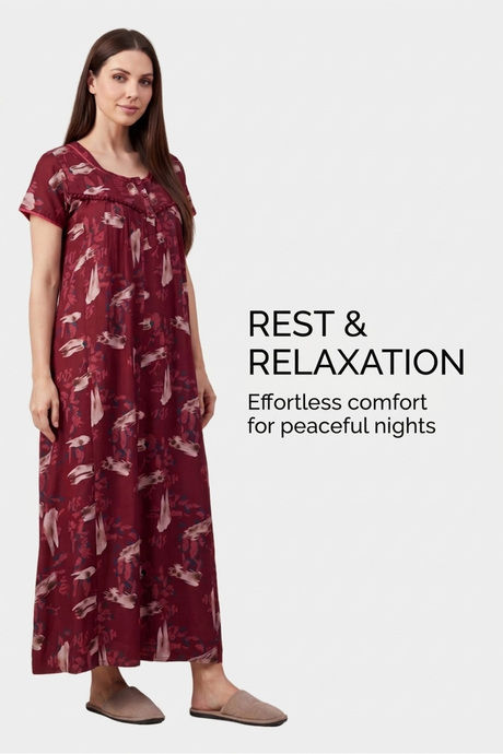 Sweet Dreams Printed Full Length Nightdress - Maroon — image 6
