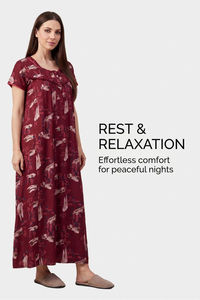 Sweet Dreams Printed Full Length Nightdress - Maroon — thumbnail 6