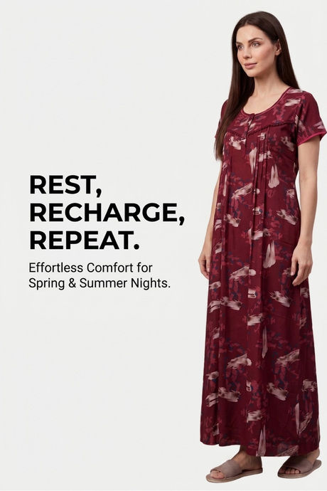 Sweet Dreams Printed Full Length Nightdress - Maroon — image 7