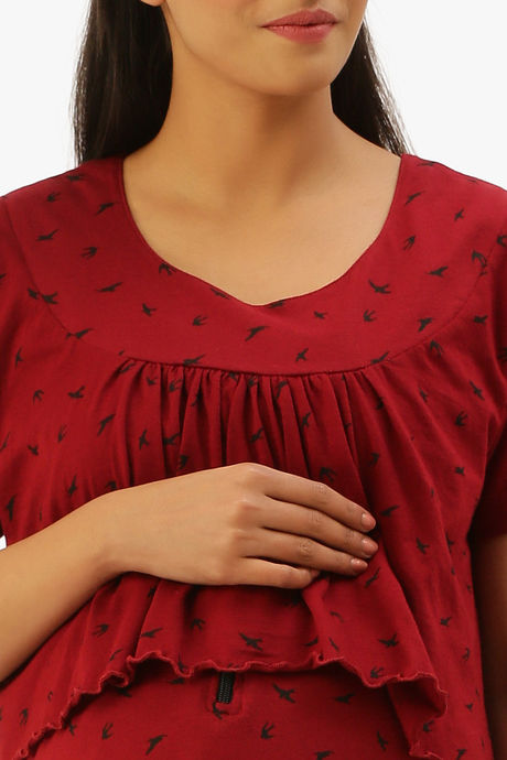 Nejo Cotton Nursing / Maternity Printed Night Dress - Red — image 4