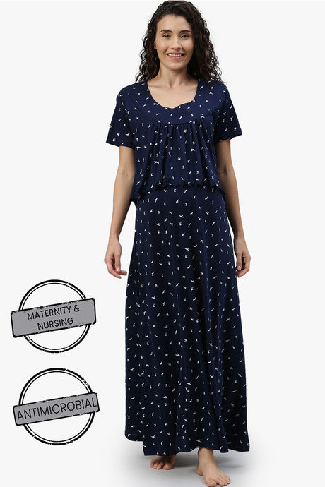 Nejo Anti Microbial Cotton Maternity Full Length Nightdress - True Navy — image 2