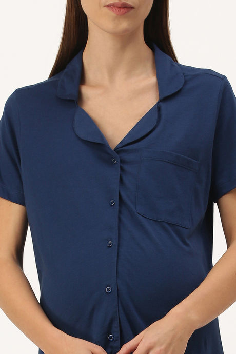 Nejo Cotton Maternity Full Length Nightdress - Light Navy — image 4