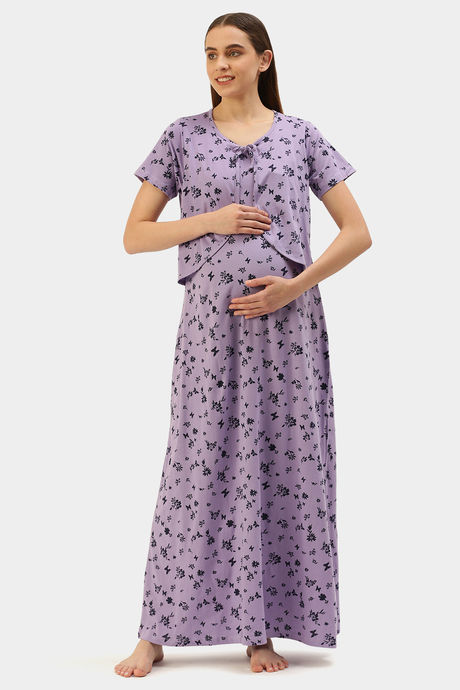 Nejo Cotton Maternity Full Length Nightdress - Lilacfly — image 4