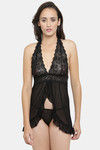 N-Gal Relaxed Fit Nylon Elastane Babydoll with Thong - Black — thumbnail 1