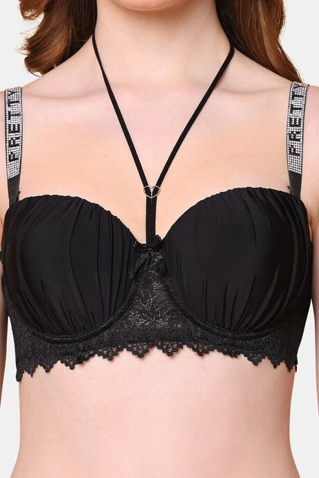 PrettyCat Lightly Padded Balconette Bra With Shine Strap for Women & Girls - Black — image 5