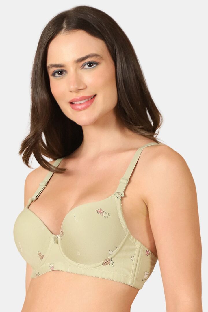PrettyCat Lightly Padded Underwire Sexy T-shirt Bra With Teddy Print - Green — image 2