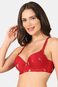 PrettyCat Lightly Padded Underwire Sexy T-shirt Bra With Teddy Print - Red — thumbnail 2