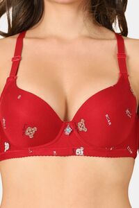 PrettyCat Lightly Padded Underwire Sexy T-shirt Bra With Teddy Print - Red — thumbnail 4