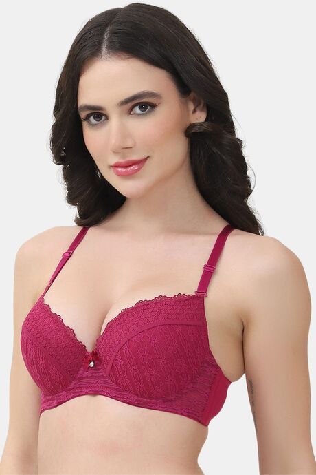PrettyCat Underwire Lightly Padded T-shirt Bra With Sexy Trim Lace - Maroon — image 2