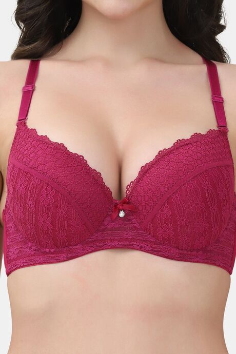 PrettyCat Underwire Lightly Padded T-shirt Bra With Sexy Trim Lace - Maroon — image 5