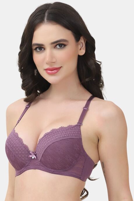 PrettyCat Underwire Lightly Padded T-shirt Bra With Sexy Trim Lace - Purple — image 2