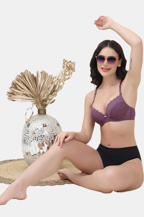 PrettyCat Underwire Lightly Padded T-shirt Bra With Sexy Trim Lace - Purple — image 4