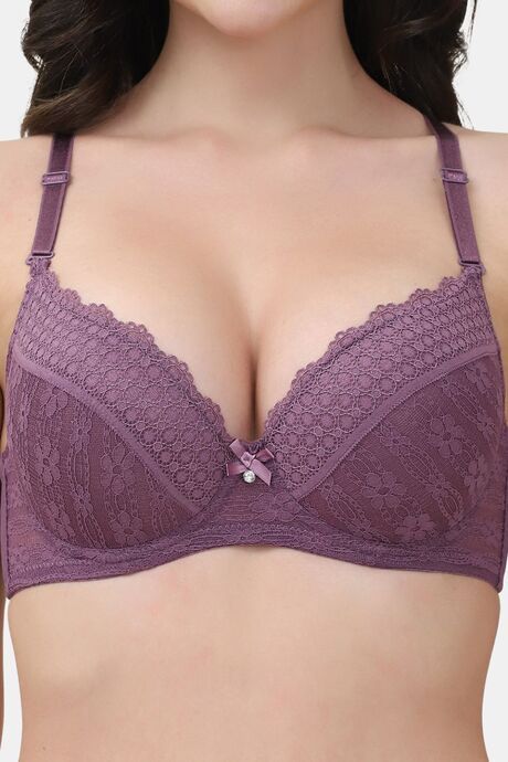 PrettyCat Underwire Lightly Padded T-shirt Bra With Sexy Trim Lace - Purple — image 5