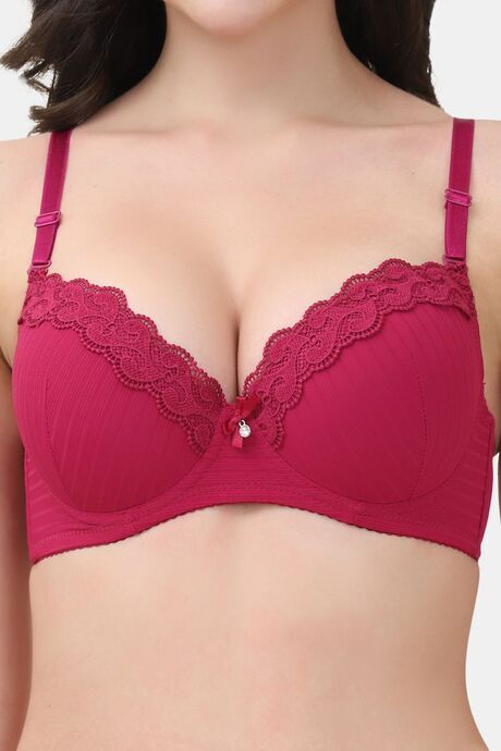 PrettyCat Underwire Lightly Padded T-shirt Bra With Sexy Trim Lace - Maroon — image 5