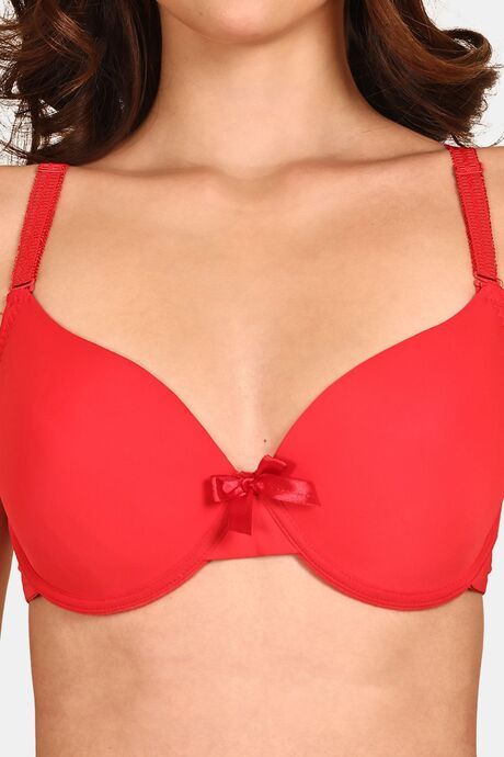 Prettycat Women Lightly Padded Underwire Plunge Bra With Bow - Red — image 5