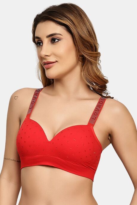Prettycat Women Lightly Padded T-Shirt Bra With Rhinestone Strap - Red — image 2