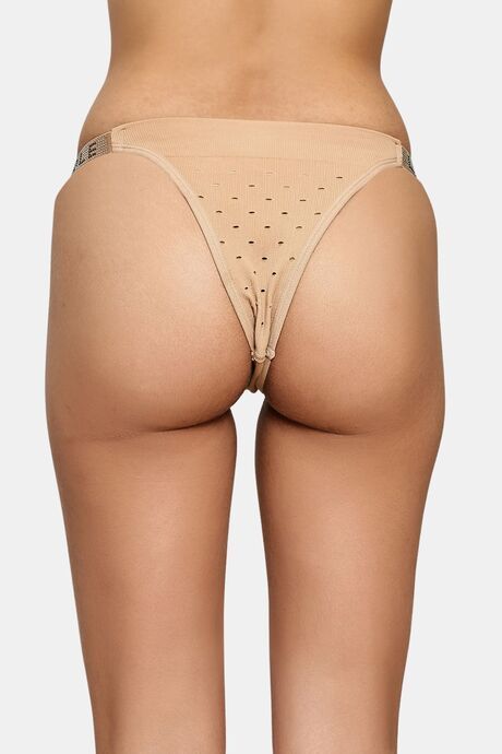 PrettyCat Chic Low Rise Bikini Panty with Rhinestone Strap Detail - Beige — image 2