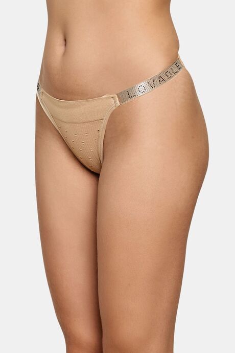 PrettyCat Chic Low Rise Bikini Panty with Rhinestone Strap Detail - Beige — image 3