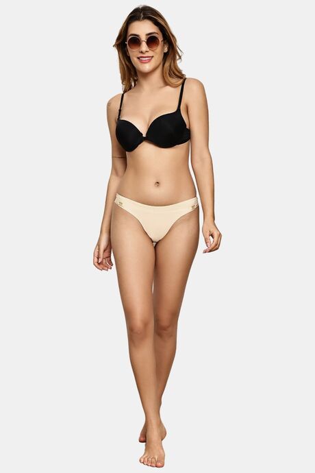 PrettyCat Elegant Low Rise Bikini Panty with Gold Ring Accent - Beige — image 4