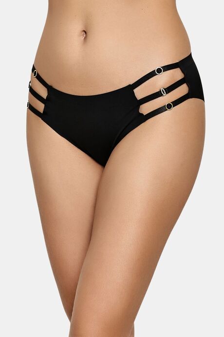 PrettyCat Triple Side Strap Bikini Panty with Gold Ring Accents - Black — image 3