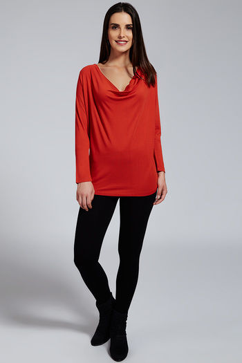 Zivame Aire Cowl Neck Gathered Waist Long Viscose Top - Red