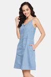 Clovia Cotton Knee Length Nightdress - Blue — thumbnail 3
