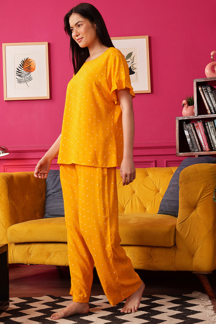 Clovia Rayon Polka Print Korean Top Pyjama Set - Yellow — image 3