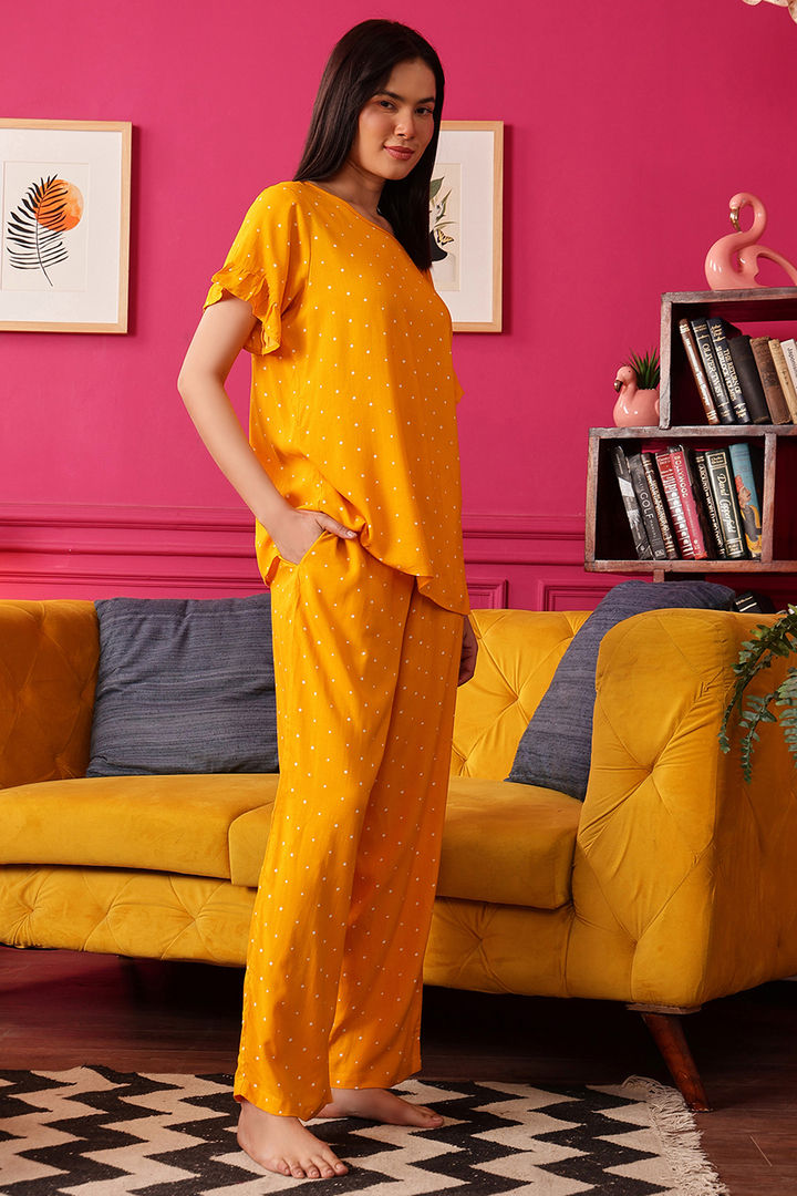 Clovia Rayon Polka Print Korean Top Pyjama Set - Yellow — image 4