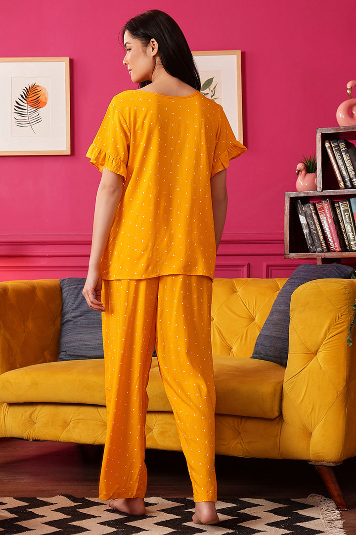 Clovia Rayon Polka Print Korean Top Pyjama Set - Yellow — image 5