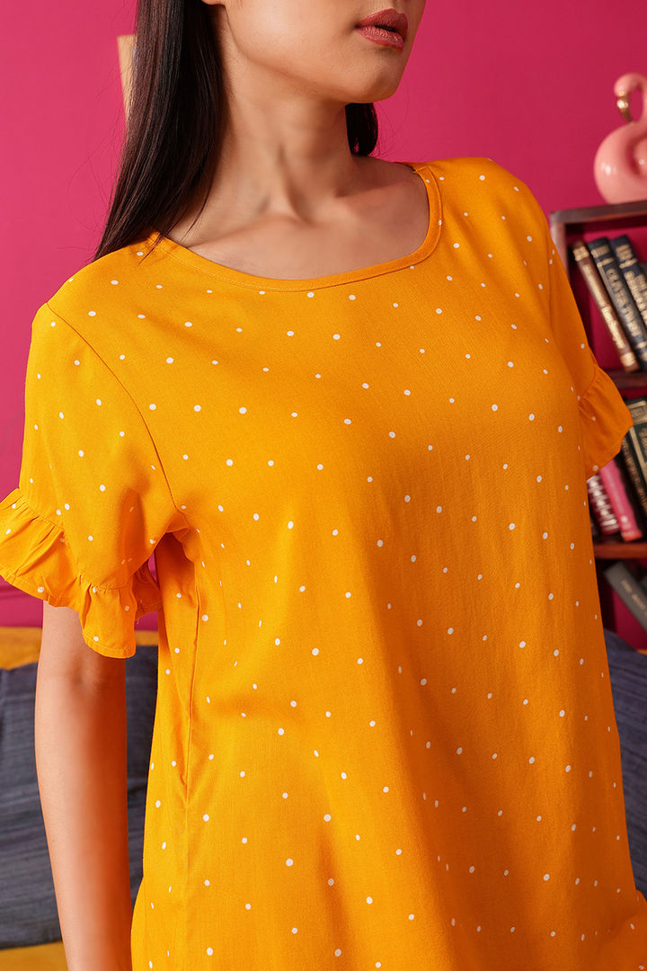 Clovia Rayon Polka Print Korean Top Pyjama Set - Yellow — image 6