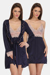 Clovia Satin Knee Length Nightwear + Robe - Blue — thumbnail 1