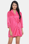 Clovia Satin Knee Length Nightwear + Robe - Pink — thumbnail 1
