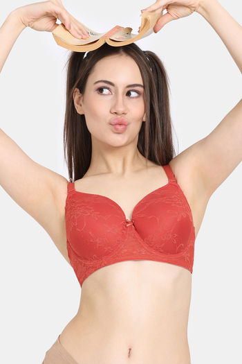 Rosaline Padded Wired 3/4th Coverage Lace Bra - Valiant Poppy