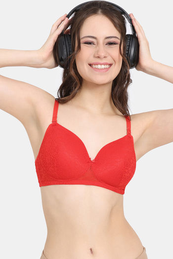 Rosaline Rerooted Simplicity Padded Non Wired 3/4th Coverage Lace Bra - Fiery Red
