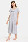 Rosaline Geo Blooms Knit Cotton Mid Length Nightdress - Grey Melange — thumbnail 2