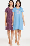 Rosaline Meadows Knit Cotton Knee Length Nightdress (Pack of 2) - Purple Blue — thumbnail 1