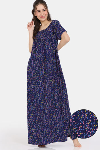 Rosaline Mellow Blooms Woven Full Length Nightdress - Blue Depths