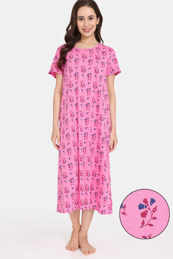 Rosaline Bloom Fest Knit Cotton Mid Length Nightdress - Aurora Pink