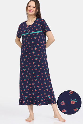 Rosaline Bloom Fest Knit Cotton Full Length Nightdress - Evening Blue