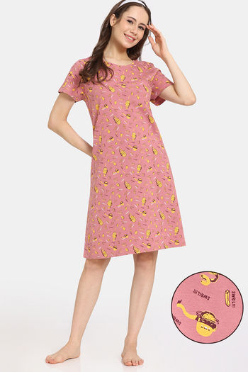 Rosaline Bon Appetit Knit Cotton Knee Length Nightdress - Dusty Rose